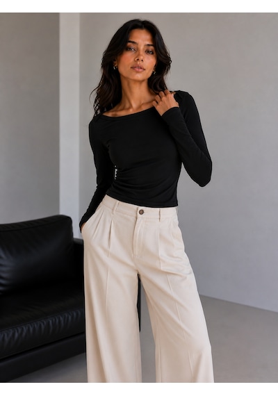 Sortie Collection Geniş Kayık Yaka Uzun Kollu Slim Fit Bluz Siyah