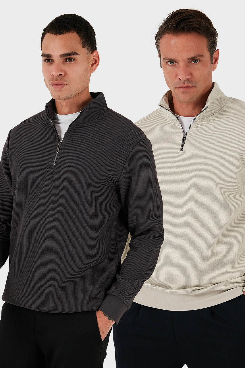 Buratti Pamuklu Regular Fit Yarım Fermuarlı Dik Yaka 2'Li Paket Erkek Sweat 5905716S2 Antrasit-Taş