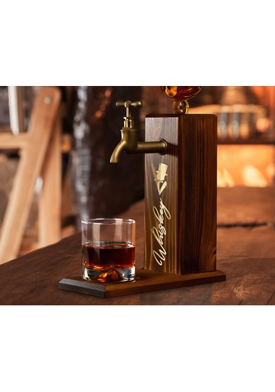 Bk Gift Aynalı Altın Kabartma Musluklu Doğal Ceviz Ahşap Viski Standı, Home Bar, İçecek Dispenseri, Ahşap İçecek Çeşmesi-4