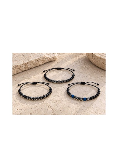 3 'lü Set Siyah Boncuklu Örgü İpli Ayarlanabilir Bileklik Siyah - 945582994 Siyah