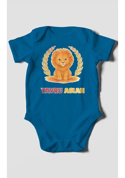 Yavru Aslan Baskılı Bebek Zıbını Çıtçıtlı Body 8 Renk %100 Pamuk Kısa Kol Koyu Mavi
