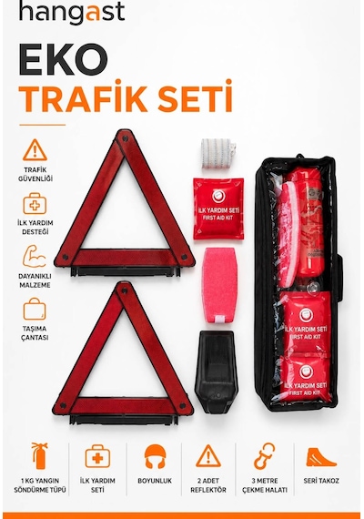 Eko Trafik Seti 7 Parça - 1 Kg Yangın Söndürme Tüpü, 2 Reflektör, İlk Yardım Seti, Çekme Halatı, Boyunluk Ve Takozlu Araç Güvenlik Seti