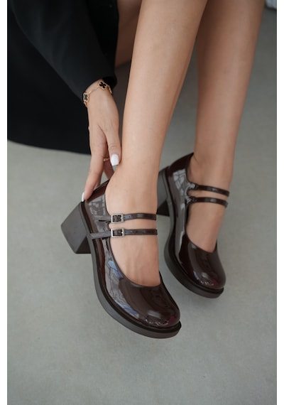 Selin Shoes Sandy Çift Bantlı Rugan Kadın Loafer- Kahve Rugan Kahverengi
