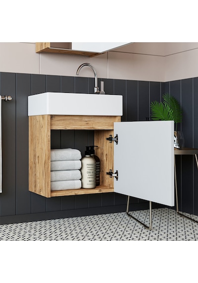Roomart Ayaksız Tek Kapaklı Lavabolu 50cm Banyo Dolabı A.çam-beyz Atlantik Çam - Beyaz