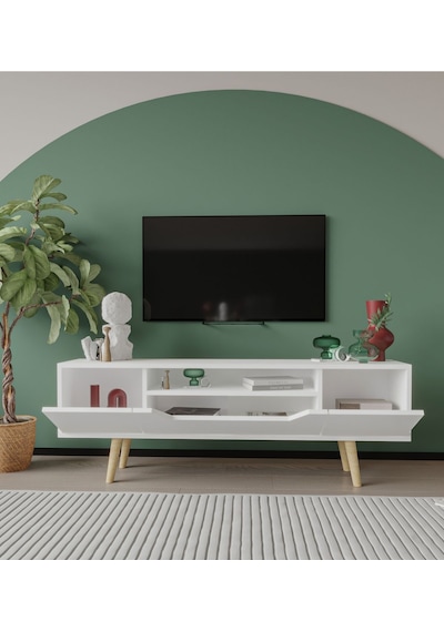 Roma Ahşap Ayaklı Tv Ünitesi Tv Sehpası Beyaz 150 Cm
