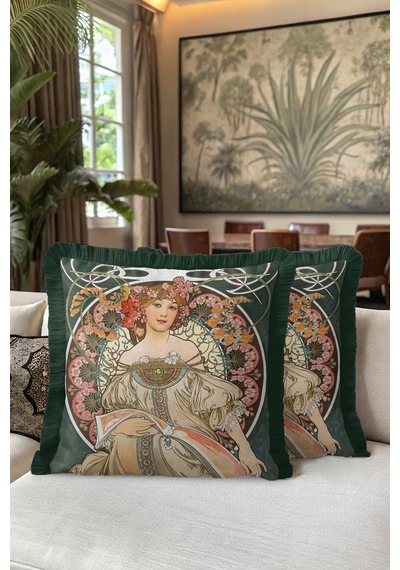 Art Nouveau Saçaklı Yastık Kılıfı - Romantik Kadın Figürü Bohem Yeşil Püsküllü Kırlent Kılıfı Çok Renkli