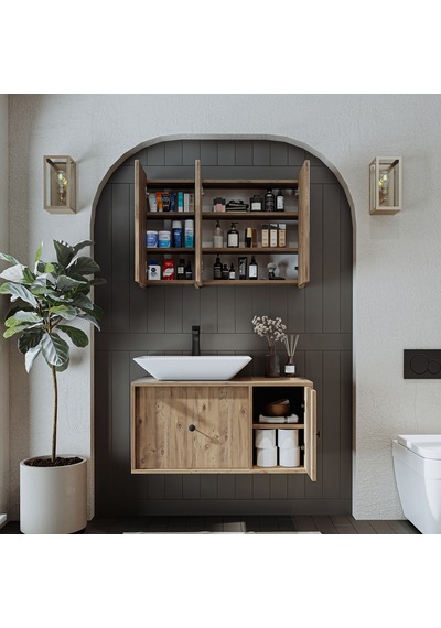 Çanak Lavabolu Mat Mdf 90 Cm Banyo Dolabı + Aynalı Dolap Atlantik Atlantik Çam