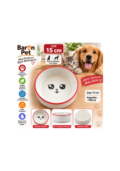Pet Kedi Köpek Seramik Mama Ve Su Kabı 15 Cm 700 Ml Kaymaz Tabanlı Sevimli Desenli - Kırmızı