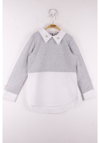 Toontoy Kız Çocuk Gömlek Detaylı Yakası İncili Okul Sweatshirt Gri Melanj