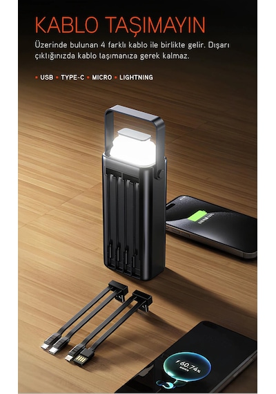 30.000 Mah 22.5w Kamp Powerbank Çift Led Fenerli Hızlı Şarj Pd30 siyah