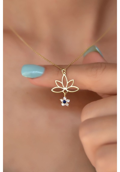 925 Ayar Gümüş Altın Kaplama Mavi Çiçekli Lotus Çiçeği Kolye