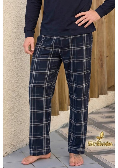 Hermevsim Aydoğan Erkek Pijama Takımı %100 Pamuk Süprem Patlı Yaka Uzun Kol Lacivert Tuna 260538