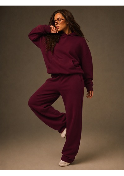 Macklin Unisex Kadın Erkek Baskısız Sweatshirt Oversize 3 İplik Kapüşonlu Hoodie Ve Baggy Eşofman Altı Bordo