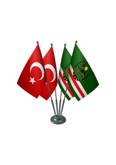 Masa Üstü Çeçenistan İçkerya Bayrağı Türk Bayrağı Dörtlü Krom Dir