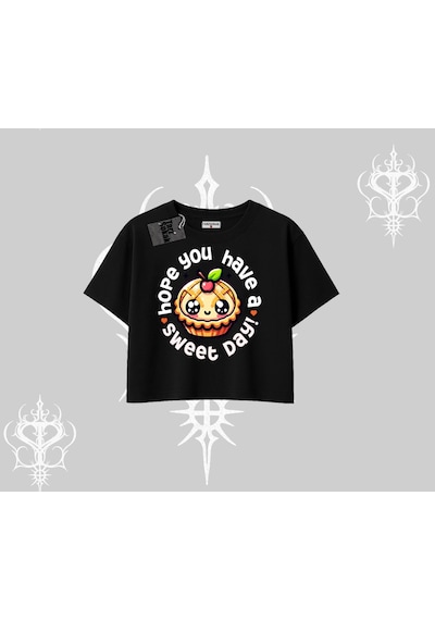 Tarzsokak Sweet Day Cupcake Baskılı Oversize Crop Tshirt Siyah