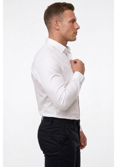 Deepsea Beyaz Slim Fit Likralı Kolay Ütülenebilir Gizli Düğmeli Erkek Gömlek 2602614