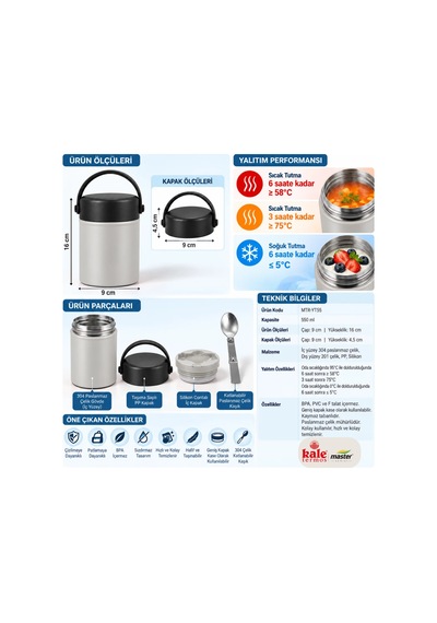 Kale Master 550 Ml Çelik Yemek Termosu 304 Paslanmaz Çelik Termal Yemek Kabı, Katlanabilir Kaşıklı Ve Taşıma Kulplu-507 Gri