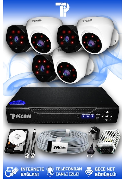 Picam 6 Kameralı Uzay 3 İç Kamera Set 320 GB HDD Full HD Gece Görüşlü Güvenlik Kamerası Sistemi