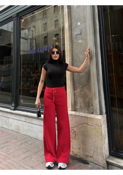 Out Of Standart Kadın Wide-leg Kalıp Beli Lastikli Kordon Detaylı Eşofman Altı Kırmızı