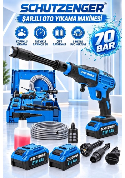 21v Şarjlı Araba Oto Yıkama Makinesi Köpük Hazneli Cilalı Şampuan Mikrofiber Fırça Bakım Seti Mavi 7010