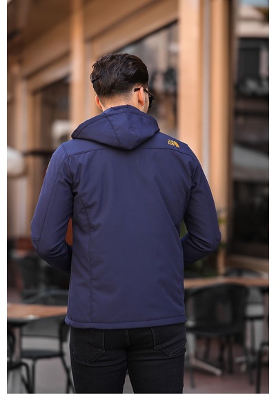 Erkek Mavi Kapüşonlu Softshell Su Ve Rüzgar Geçirmez Içi Kürklü Mont Lacivert