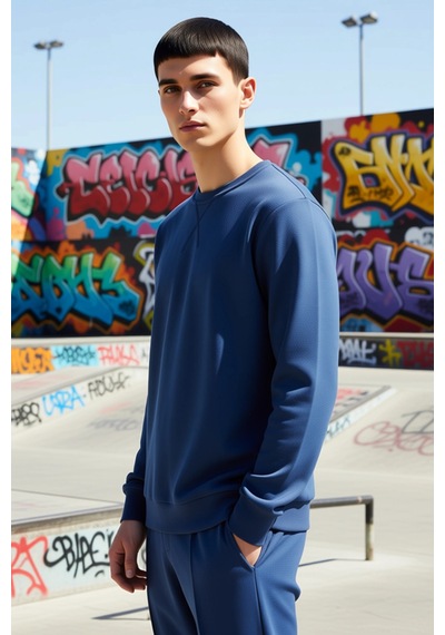 Benerly Erkek Düz Bisiklet Yaka Düşük Kol Uzun Kollu Sweatshirt Fonksiyon Indigo