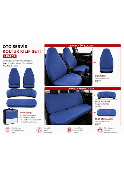 4 Parça Oto Servis Koltuk Kılıf Seti Mavi Ön Tek Parça, Arka Ayrı Sırt & Oturma, Evrensel Uyumlu, Yıkanabilir Pamuklu Kumaş 01
