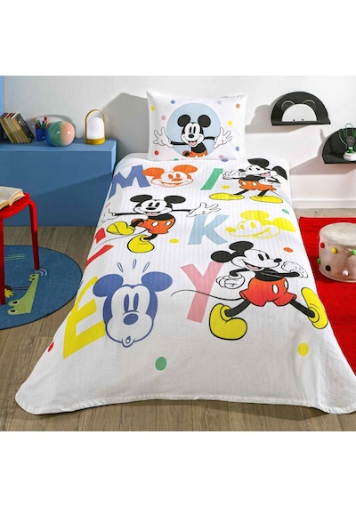 Taç Lisanslı Mickey Mouse Happy Tek Kişilik Pamuk Pike Takımı 000000001000047432