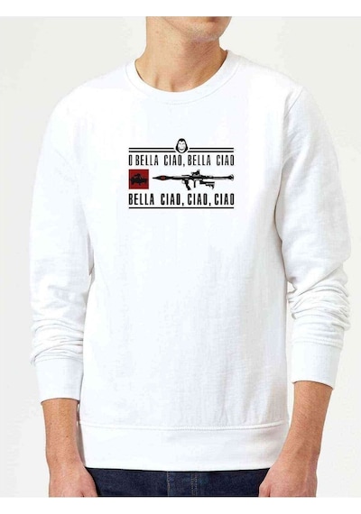 La Casa De Papel Rpg Baskılı Beyaz Erkek Örme Sweatshirt