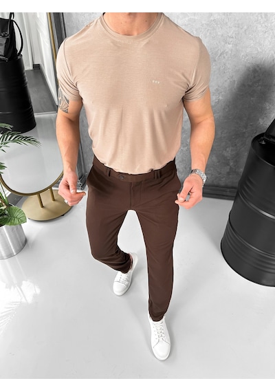 Modefendi Yüksek Kalite Slimfit Merserize Kumaş Bisiklet Yaka Tshirt Krem