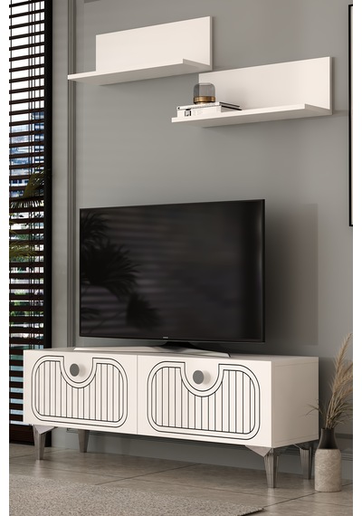 120dhdtür3ba 120 Cm Hera Lazer Desenli Raflı Tv Sehpası,ünitesi Beyaz - Gümüş