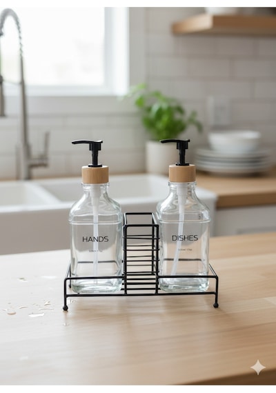 Makri Home Stantlı Bambu Kapaklı İkili Cam Sıvı Sabunluk & Deterjanlık Seti 2 500 Ml, 22,5 8,5 24 Cm Şeffaf