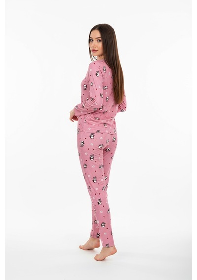 Bisiklet Yaka Süet Pijama Takımı 6008 Penguen Pembe Turuncu
