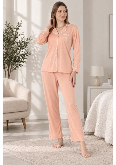Gd Goldoremi Premium Boydan Düğmeli Rahat Örme Kumaş Uzun Kol Pijama Takımı PEMBE