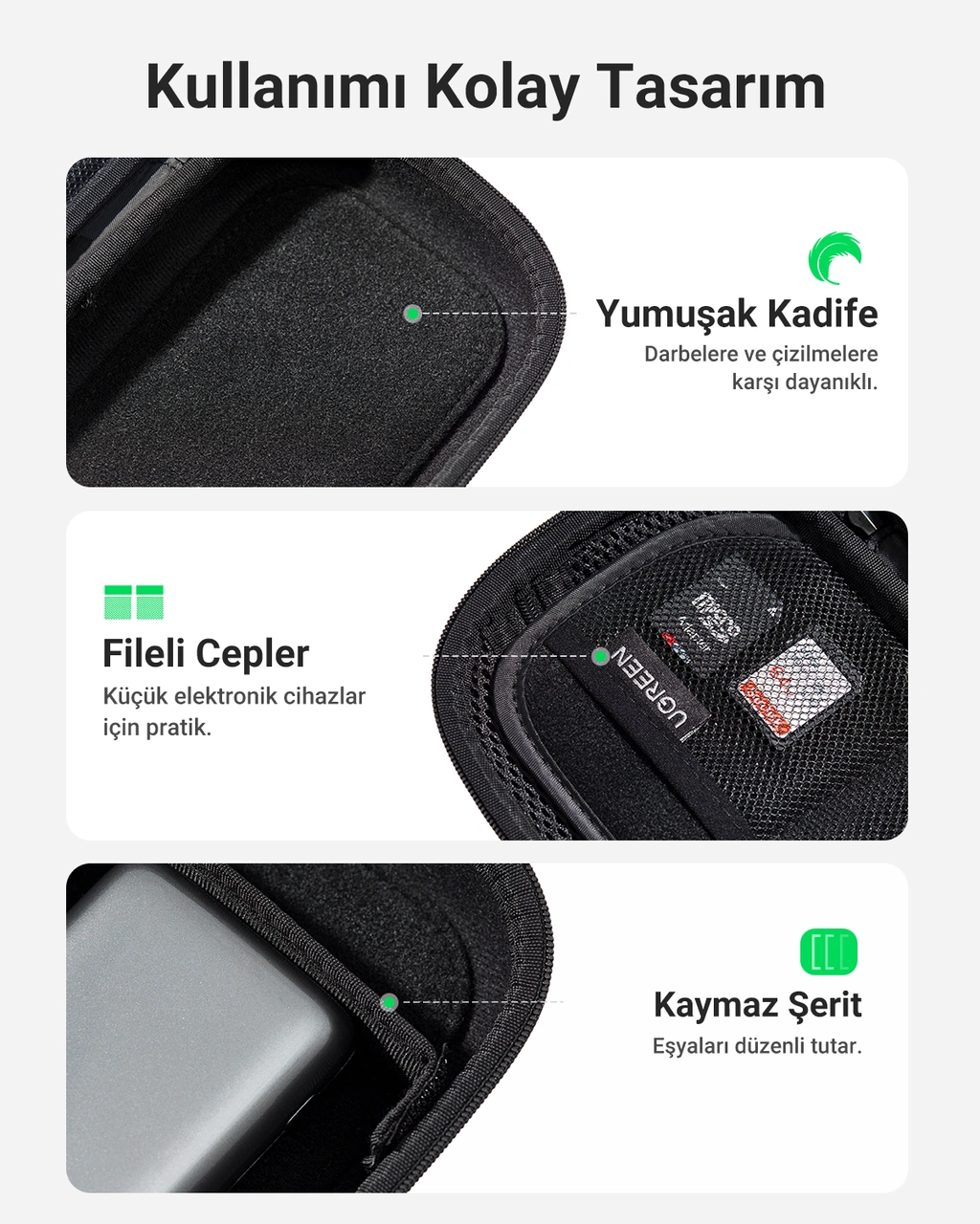 Ugreen Çok Bölmeli Elektronik Aksesuarlar Düzenleyici Su Geçirmez Dayanıklı Seyahat Çantası, 50903 Gri