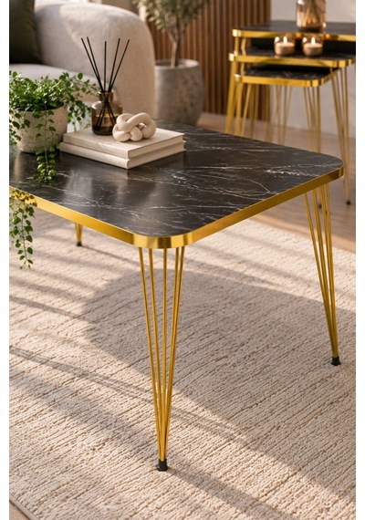Sulorahome Ceviz Desenli Gold Metal Ayaklı 4'lü Sehpa Seti Altın - Kahverengi