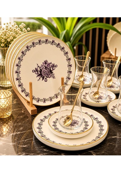 18 Parça Modern Regaria Purple Flower Pasta Çay Saati Seti-5636 Çok Renkli