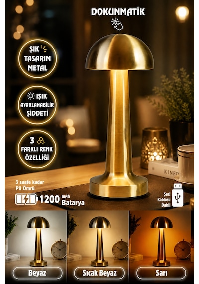 Metal Mantar Gold Masa Lambası Dokunmatik 3 Işıklı Şarjlı