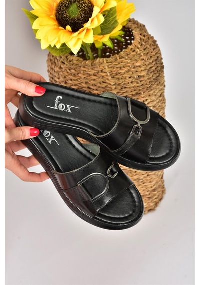 Fox Shoes Siyah Hakiki Deri Yüksek Tabanlı Günlük Kadın Terlik P291049403