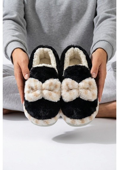 Nmoda Kadın Fiyonklu Yumuşak Peluş Panduf İçi Kürklü Kaymaz Taban Kışlık Sıcak Tutan Ev Terliği Ev Botu Siyah