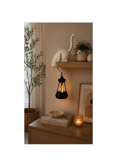 23 Cm Dekoratif Kedi Ve Led Fener Seti Modern Raf & Masa Süsü Sb