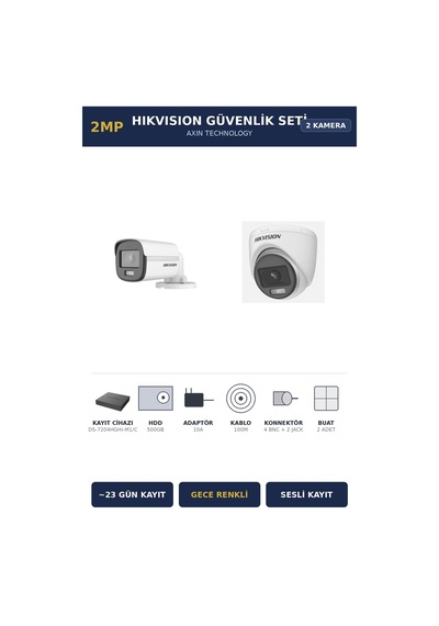 Hikvision 2 Kameralı 2mp Güvenlik Kamera Seti Colorvu Gece Renkli 500gb 23 Gün Kayıt Dome+bullet