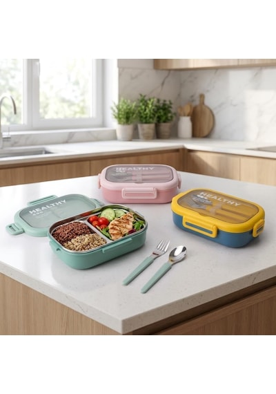 Deconox Paslanmaz Çelik Yemek Kabı 800 Ml, 2 Bölmeli Lunch Box, Çatal Kaşık Dahil, Kilitli Kapaklı Saklama Ve Taşıma Kabı, 21x15x6,6 Cm, Pembe/mavi/yeşil Çok Renkli
