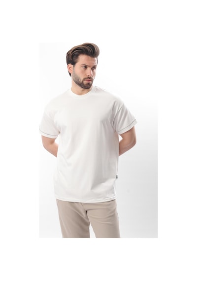 Madmext Ekru Bisiklet Yaka Çoban Dikişli Overfit Erkek T-shirt E7103 Ekru