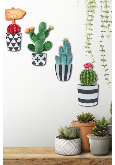 No77Decor Ahşap Kaktüs Duvar Dekorasyon Seti 4 Parça