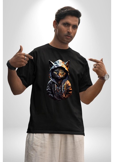 Hip Hop Gençlik Kedi Çeket Pamuklu Bisiklet Yaka Unisex Oversize Boyfriend Dijital Baskılı Siyah T-shirt Siyah