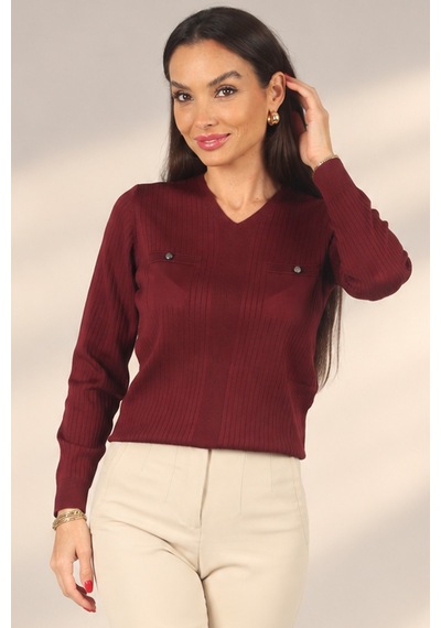 By Saygı Kadın V Yaka Düğme Detaylı Fitilli Triko Bluz Bordo