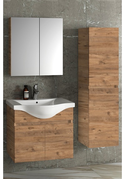 Yıldız 65+35 Cm Atlantik Çam Mdf Seramik Lavabolu Asma Banyo Dolabı Takımı