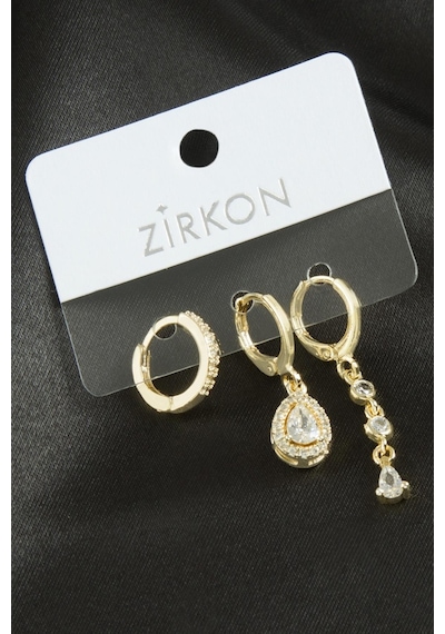 3 Adet Damla Zirkon Taşlı Küpe Gold