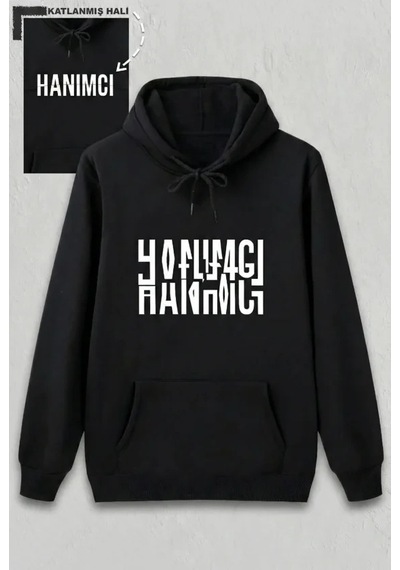Defymoda Sevgililer Günü Hanımcı Hediye Baskılı Oversize Kapüşonlu Sweatshirt - Siya Siyah